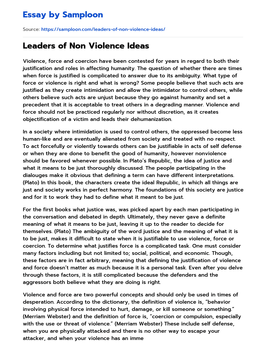Leaders of Non Violence Ideas essay