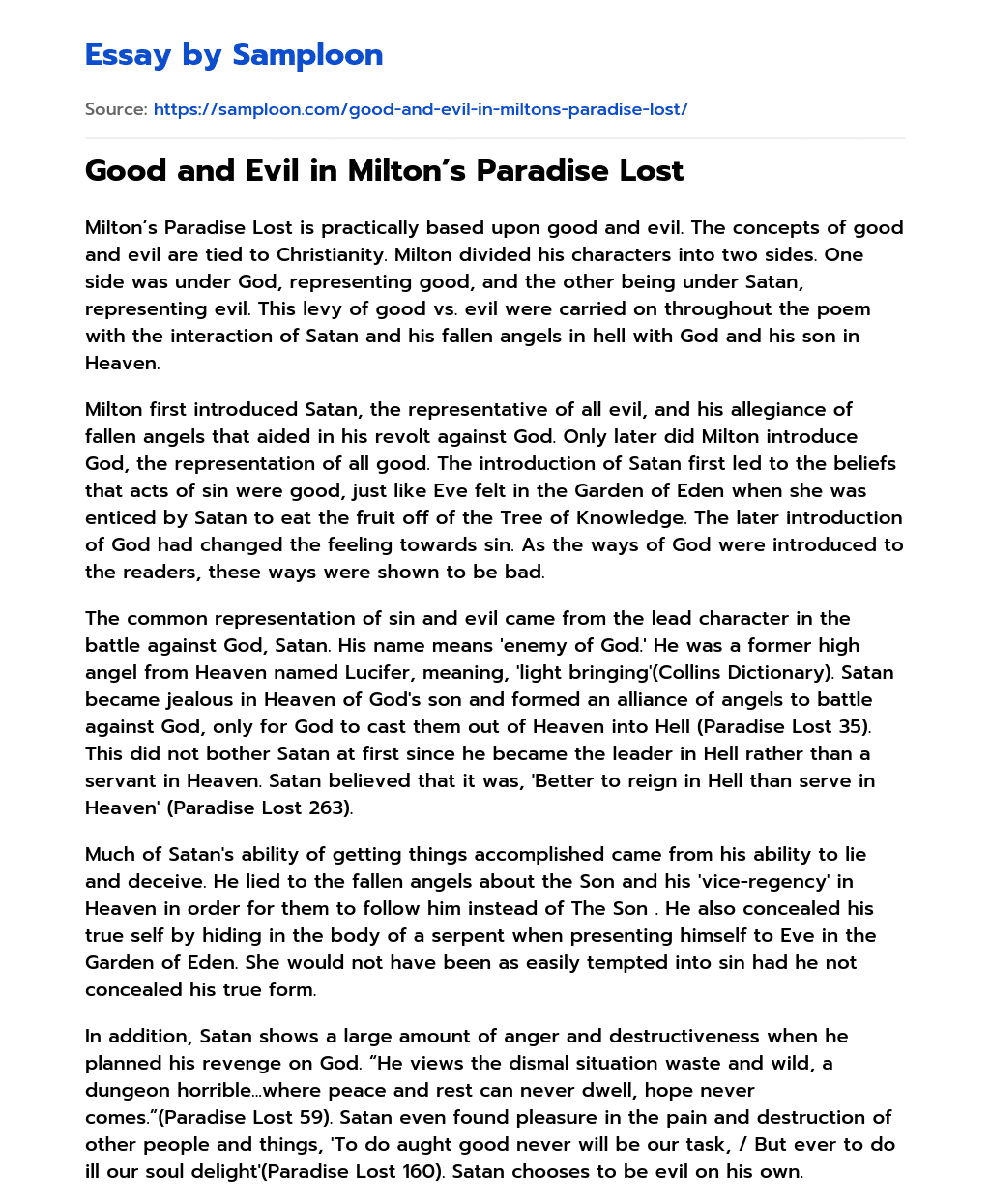 Good and Evil in Milton’s Paradise Lost essay