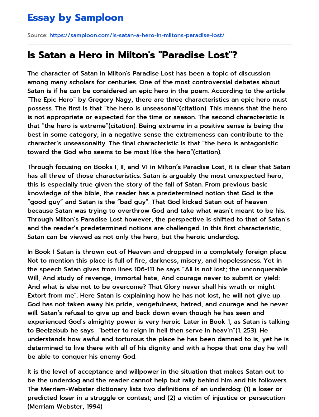 Is Satan a Hero in Milton’s “Paradise Lost”? essay