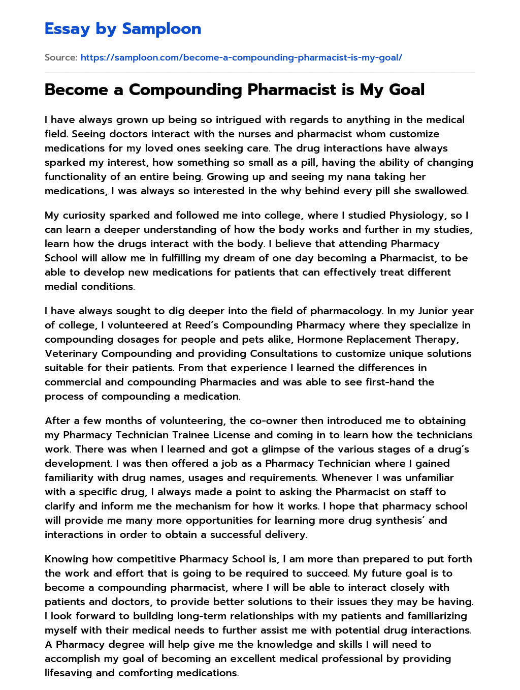 Become a Compounding Pharmacist is My Goal essay