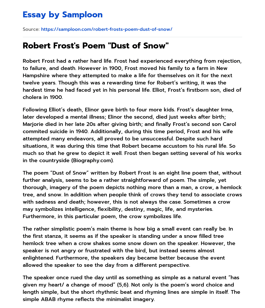 Robert Frost’s Poem “Dust of Snow” Analytical Essay essay