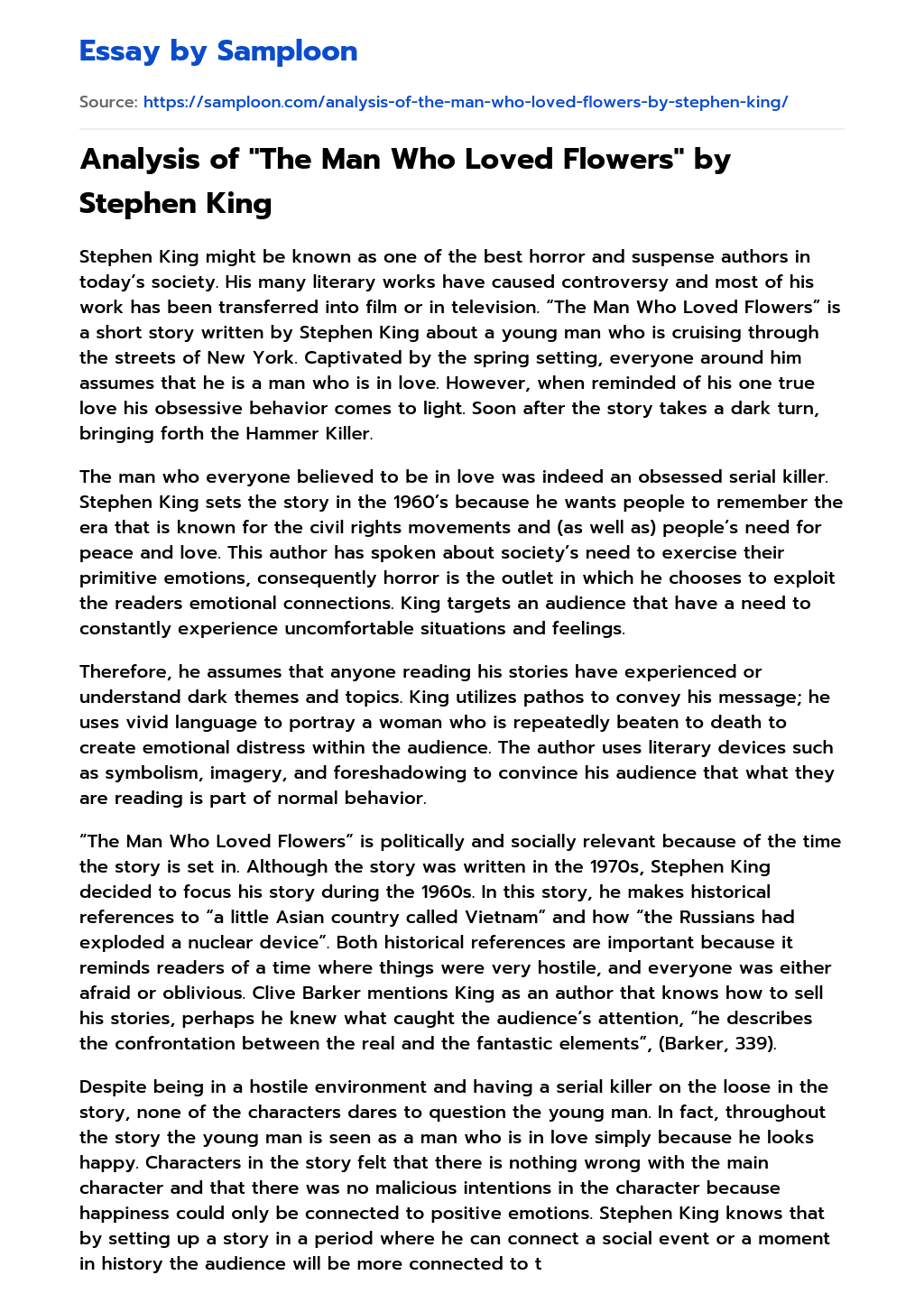 Analysis of “The Man Who Loved Flowers” by Stephen King Accomplishment Essay essay