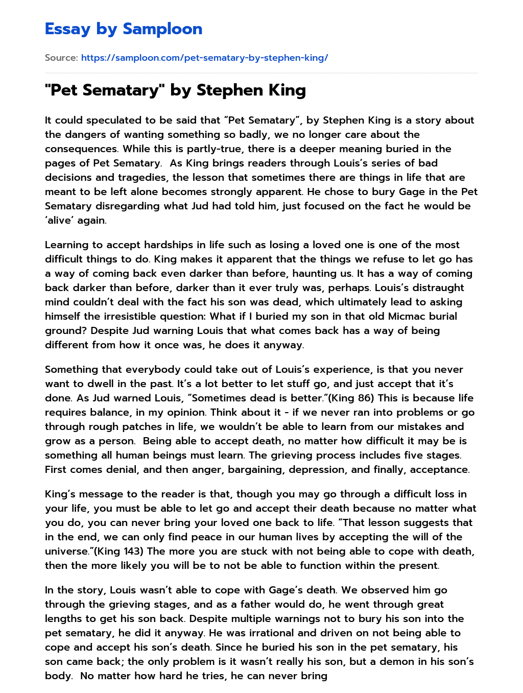 “Pet Sematary” by Stephen King essay