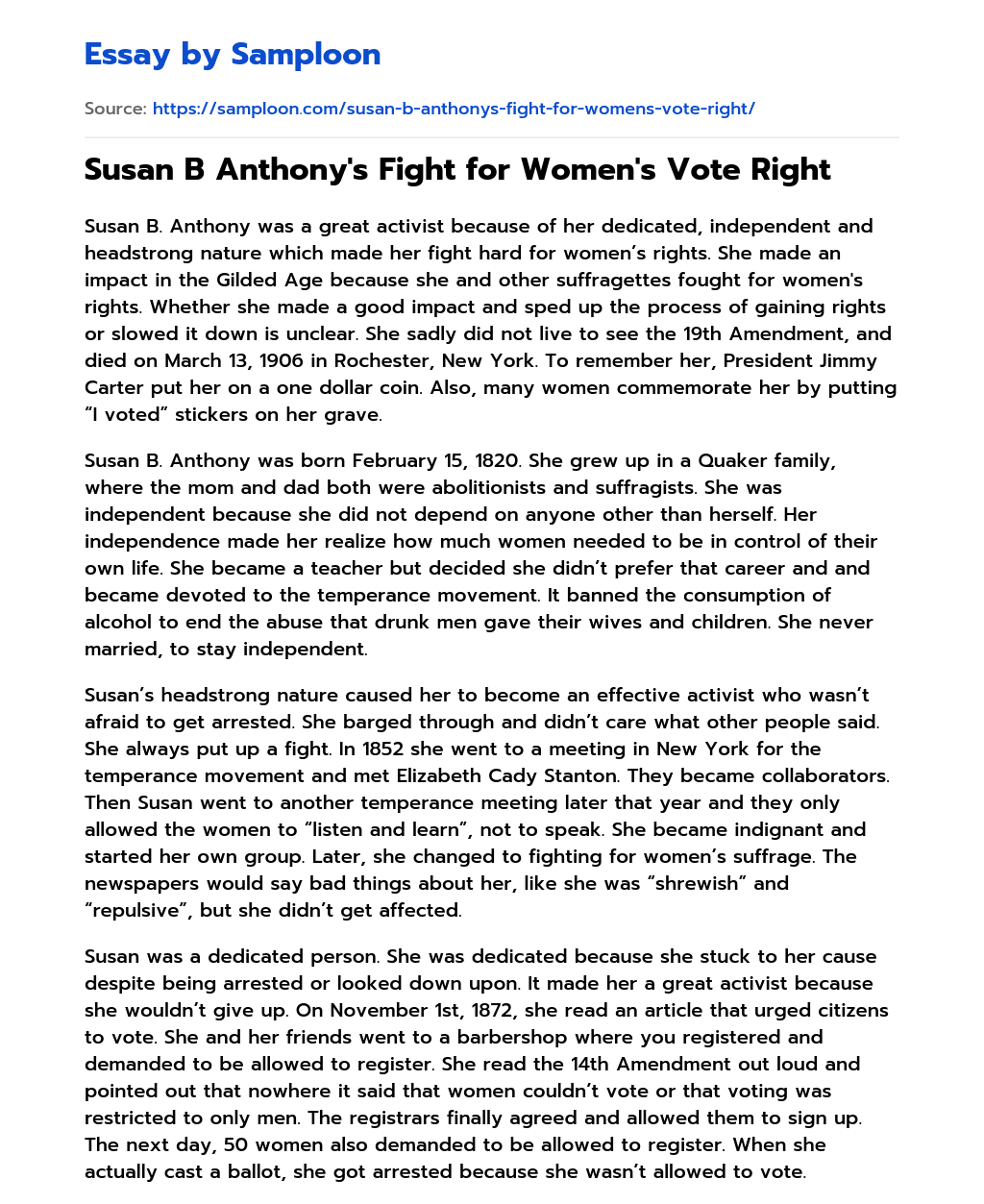 Susan B Anthony’s Fight for Women’s Vote Right essay