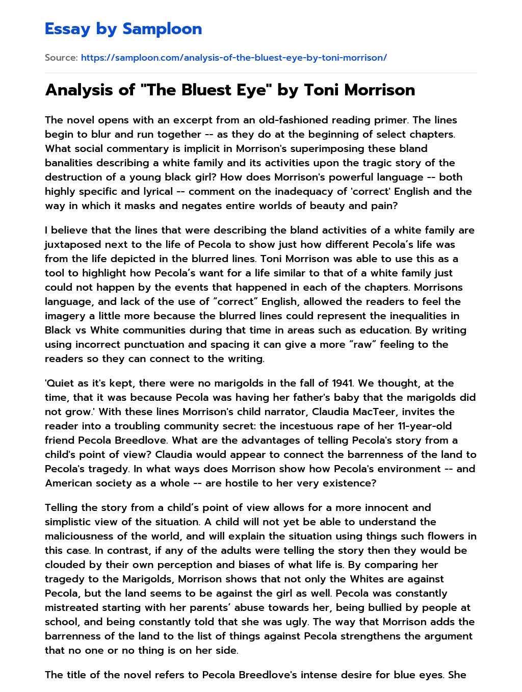 Analysis of “The Bluest Eye” by Toni Morrison essay