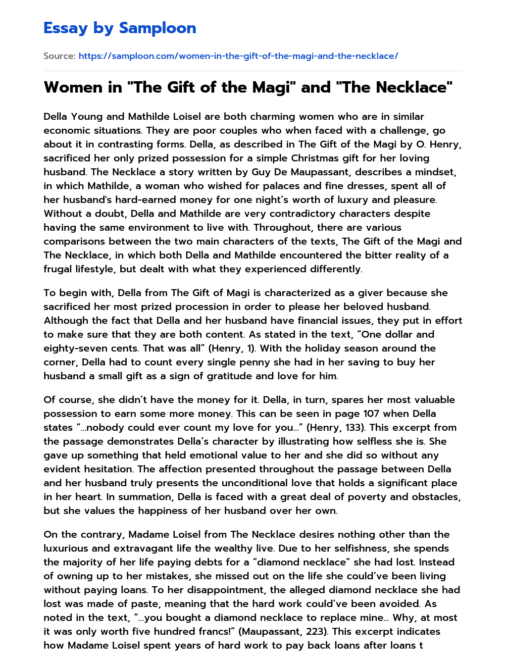 Women in “The Gift of the Magi” and “The Necklace” essay