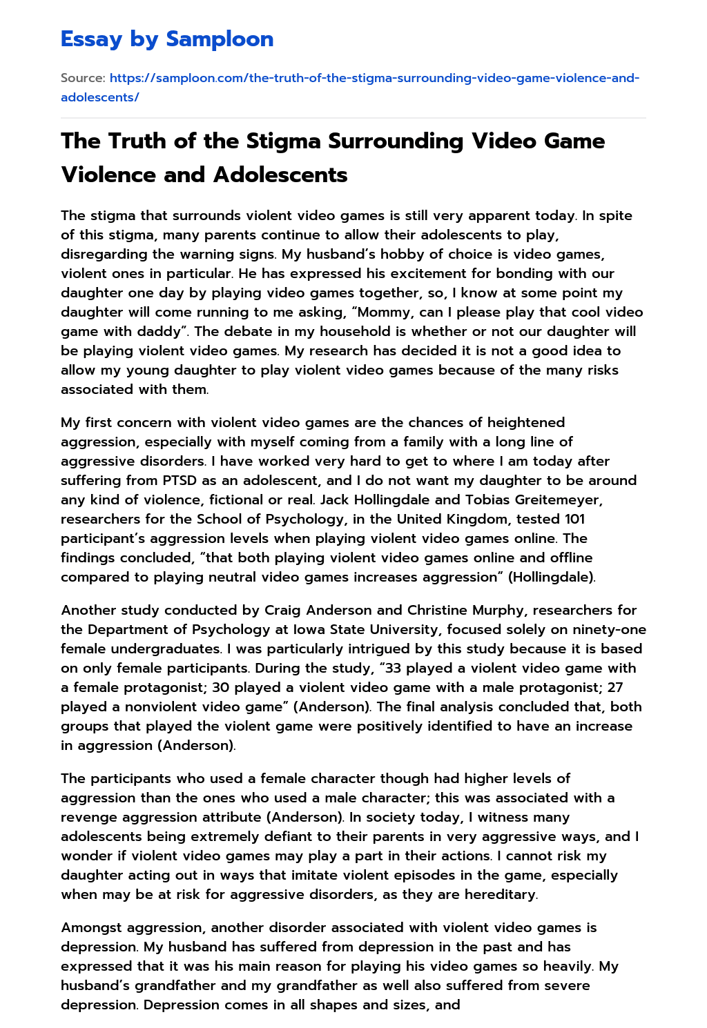 The Truth of the Stigma Surrounding Video Game Violence and Adolescents essay