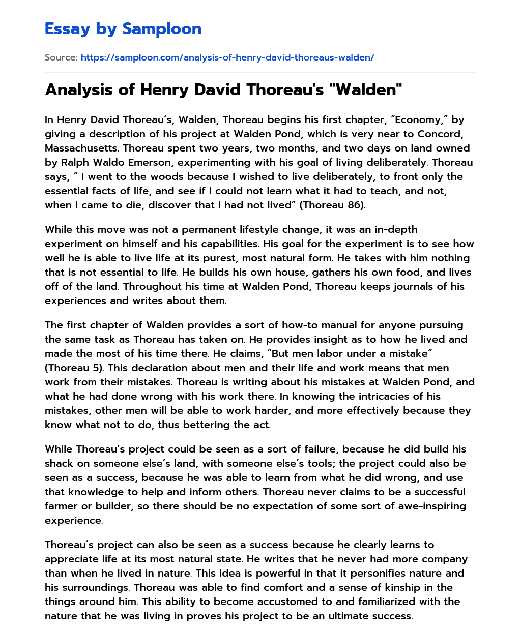 Analysis of Henry David Thoreau’s “Walden” essay