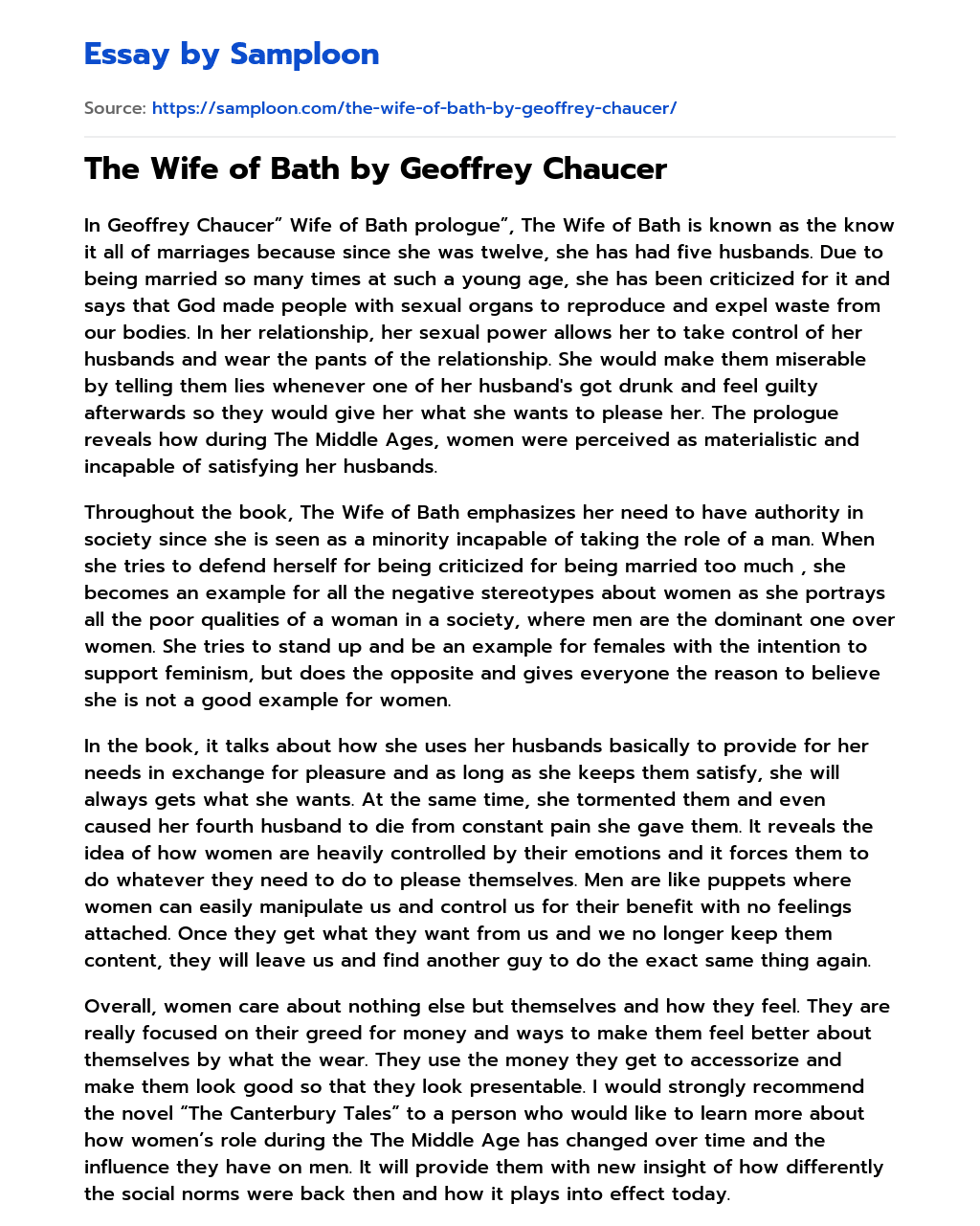 The Wife of Bath by Geoffrey Chaucer essay