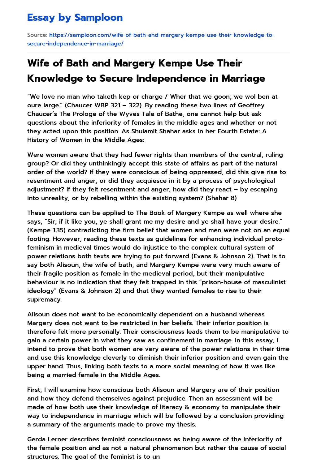 Wife of Bath and Margery Kempe Use Their Knowledge to Secure Independence in Marriage essay
