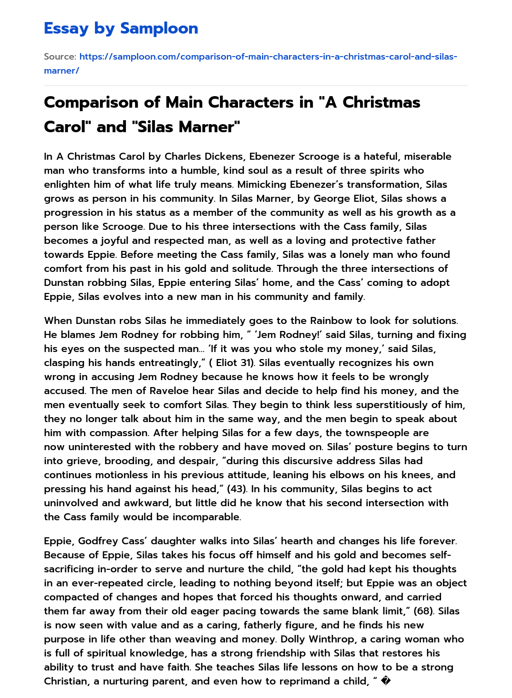 Comparison of Main Characters in “A Christmas Carol” and “Silas Marner” essay