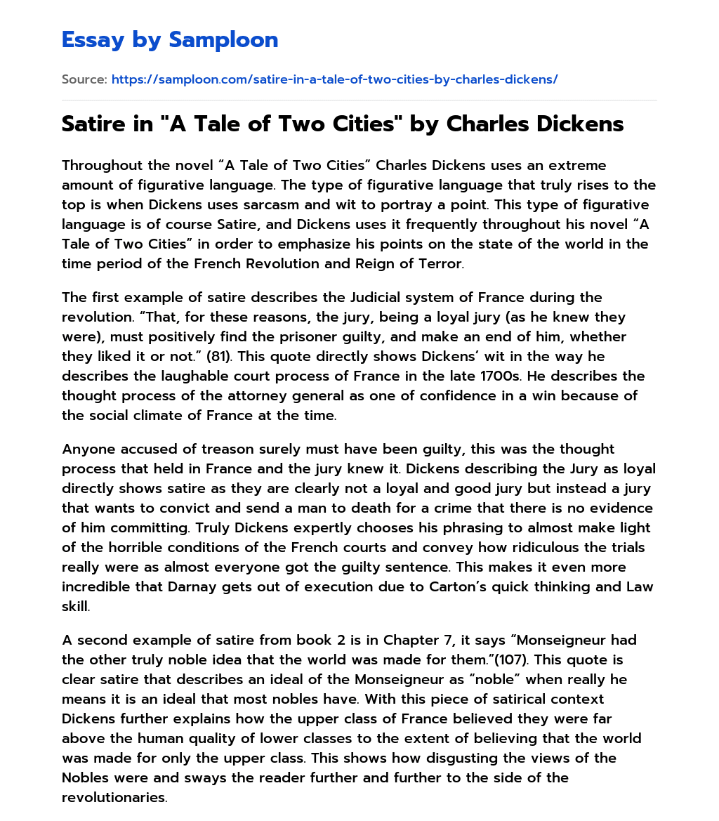 Satire in “A Tale of Two Cities” by Charles Dickens essay