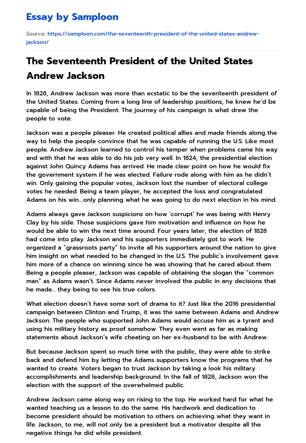 The Seventeenth President of the United States Andrew Jackson essay