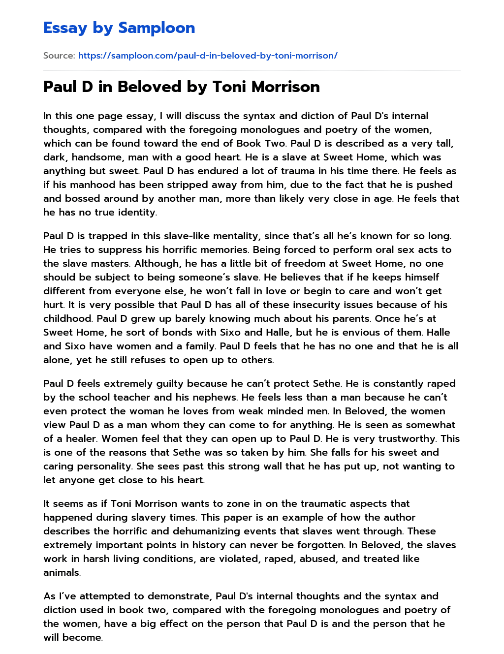Paul D in Beloved by Toni Morrison essay