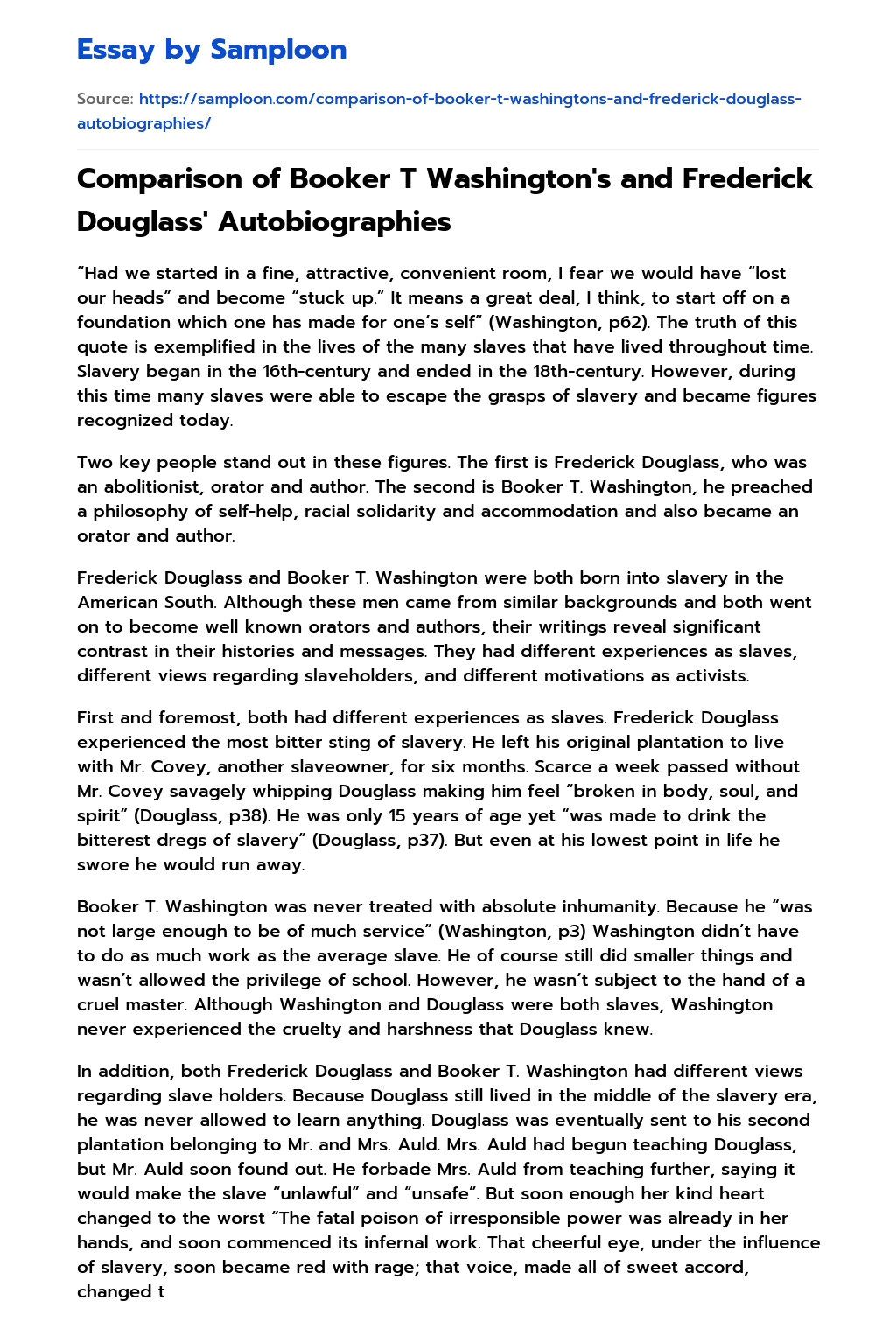 Comparison of Booker T Washington’s and Frederick Douglass’ Autobiographies essay