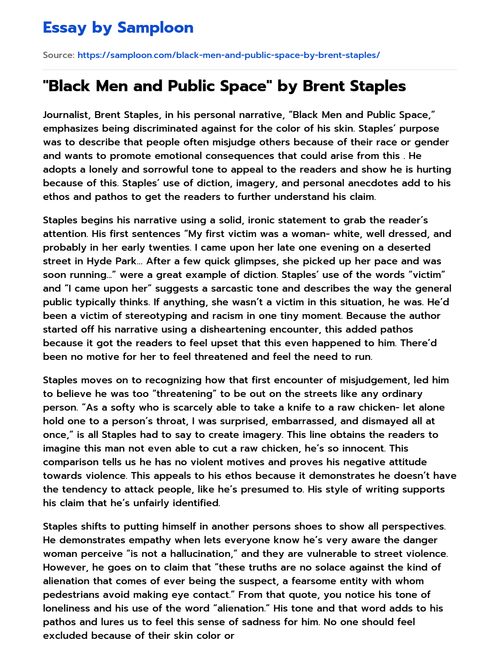 “Black Men and Public Space” by Brent Staples essay
