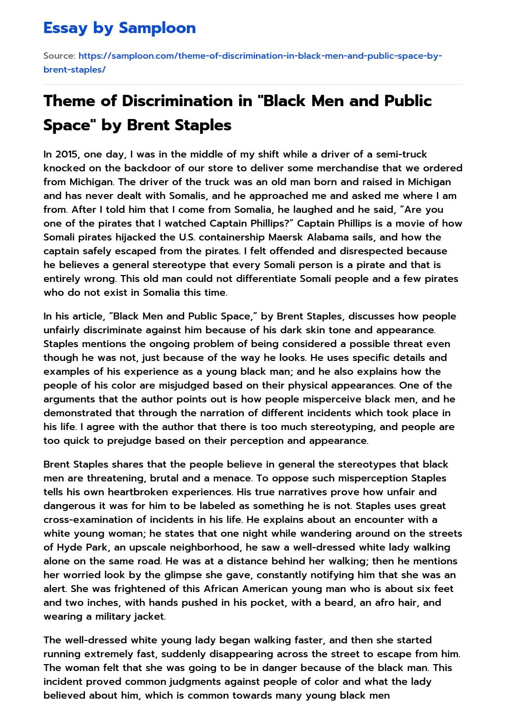 Theme of Discrimination in “Black Men and Public Space” by Brent Staples Analytical Essay essay
