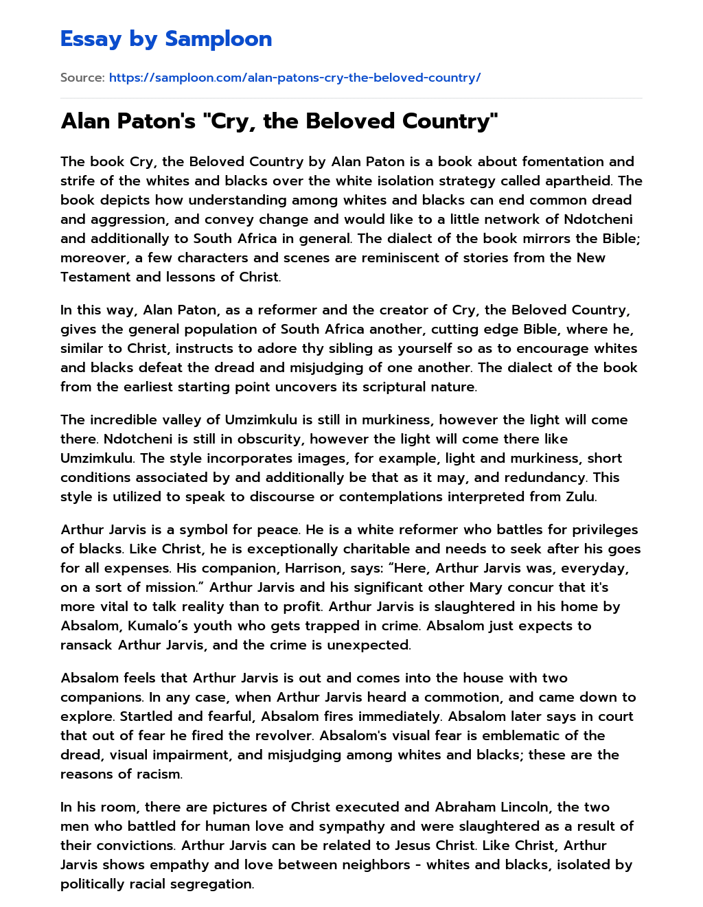 Alan Paton’s “Cry, the Beloved Country” essay