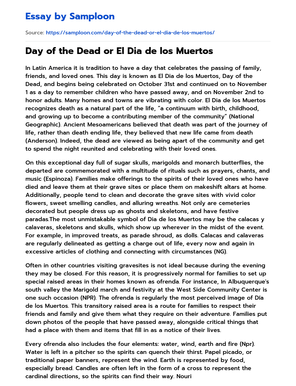 Day of the Dead or El Dia de los Muertos essay