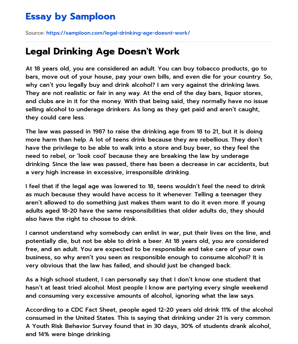 Legal Drinking Age Doesn’t Work essay