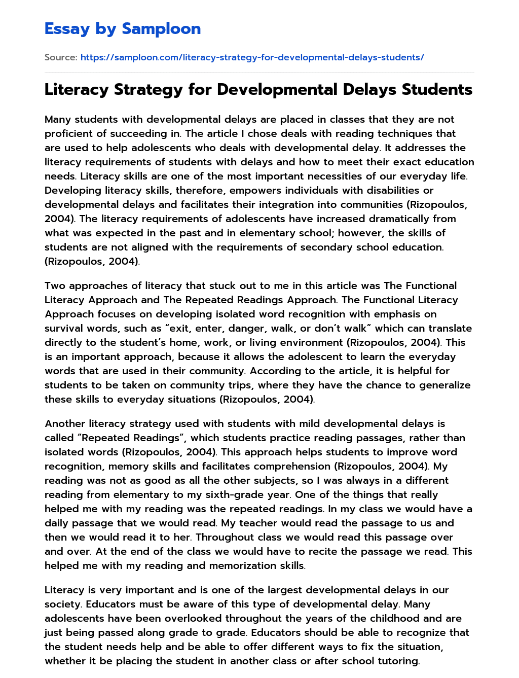 Literacy Strategy for Developmental Delays Students essay