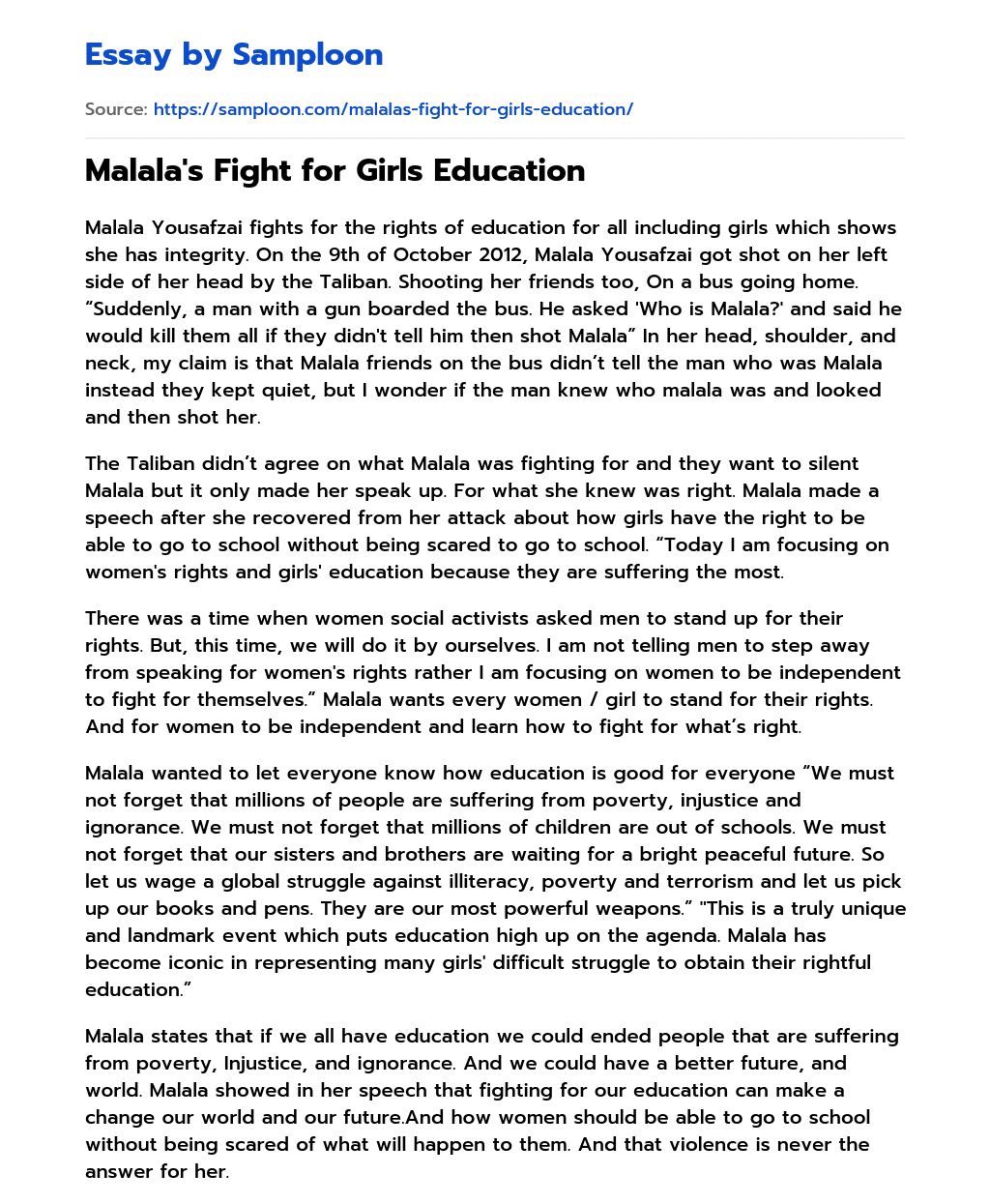 Malala’s Fight for Girls Education essay