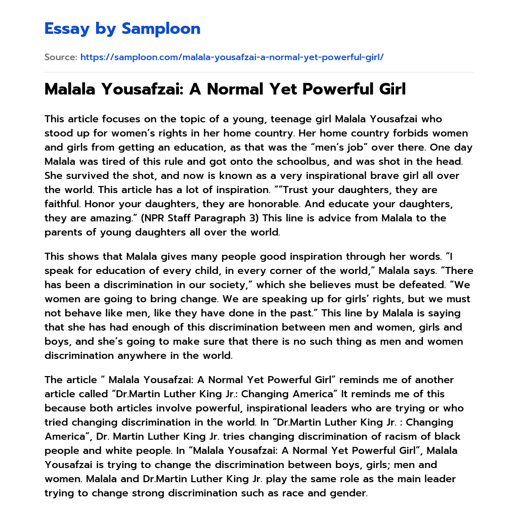 Malala Yousafzai: A Normal Yet Powerful Girl essay