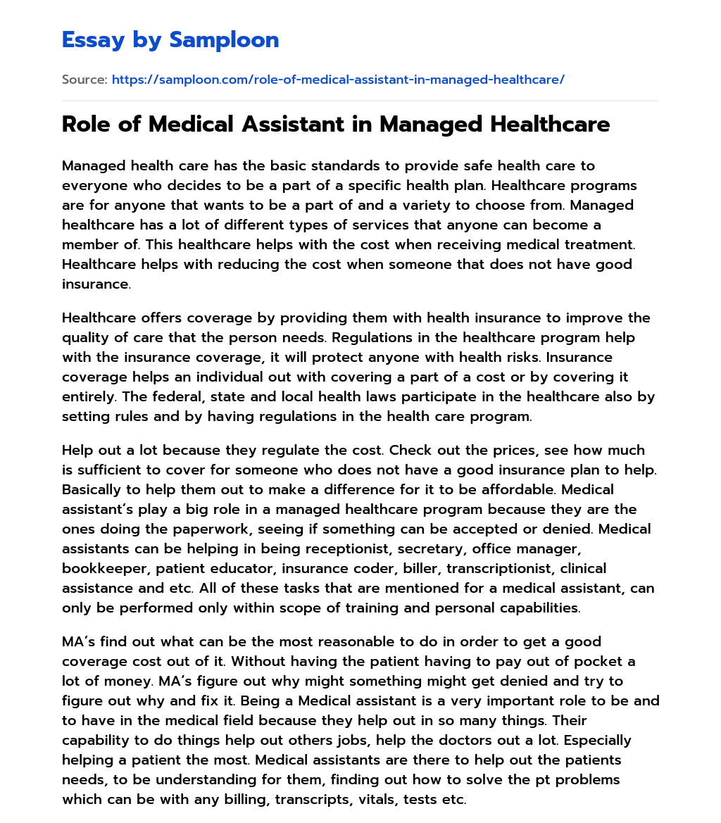 Role of Medical Assistant in Managed Healthcare essay