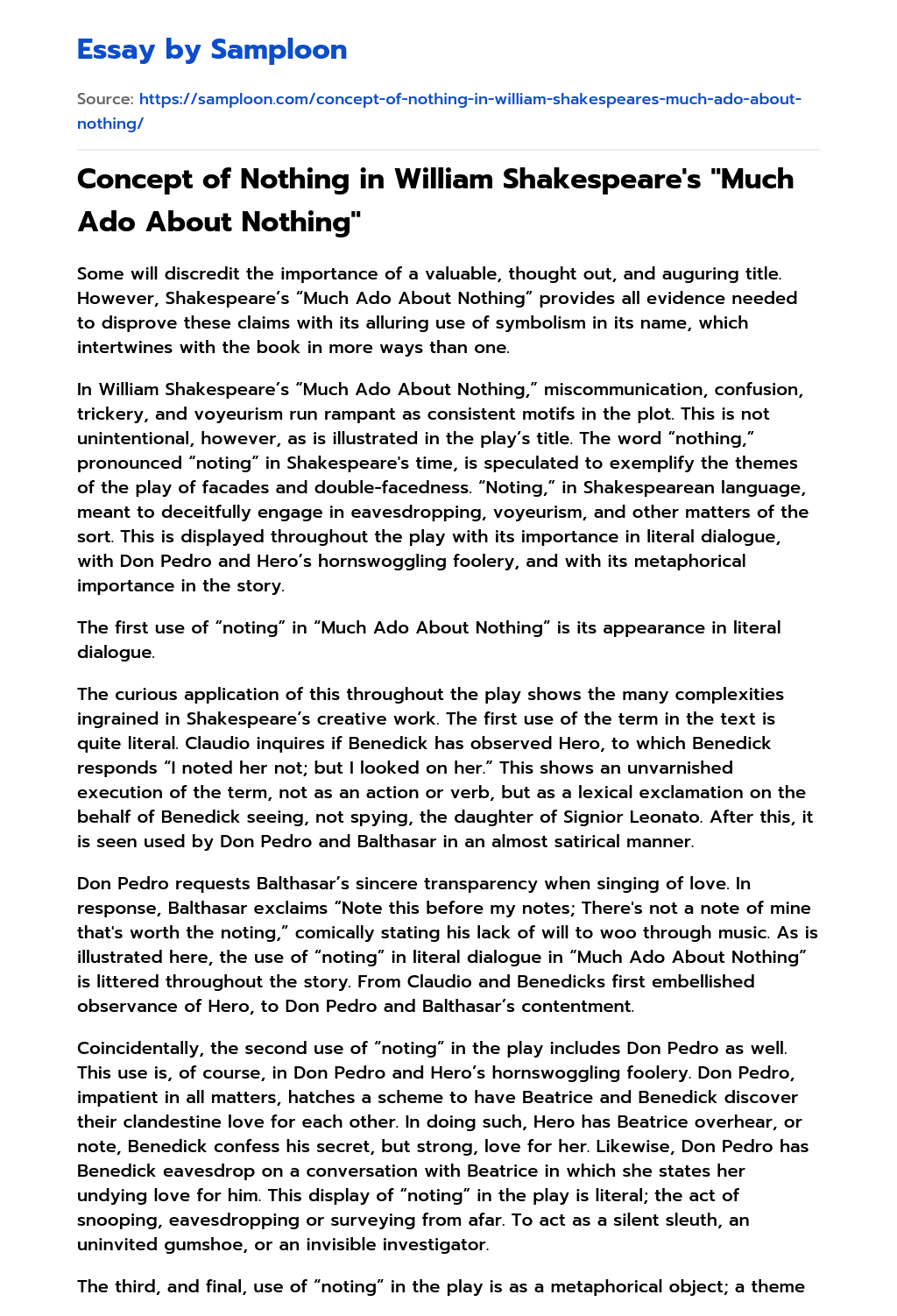 Concept of Nothing in William Shakespeare’s “Much Ado About Nothing” essay