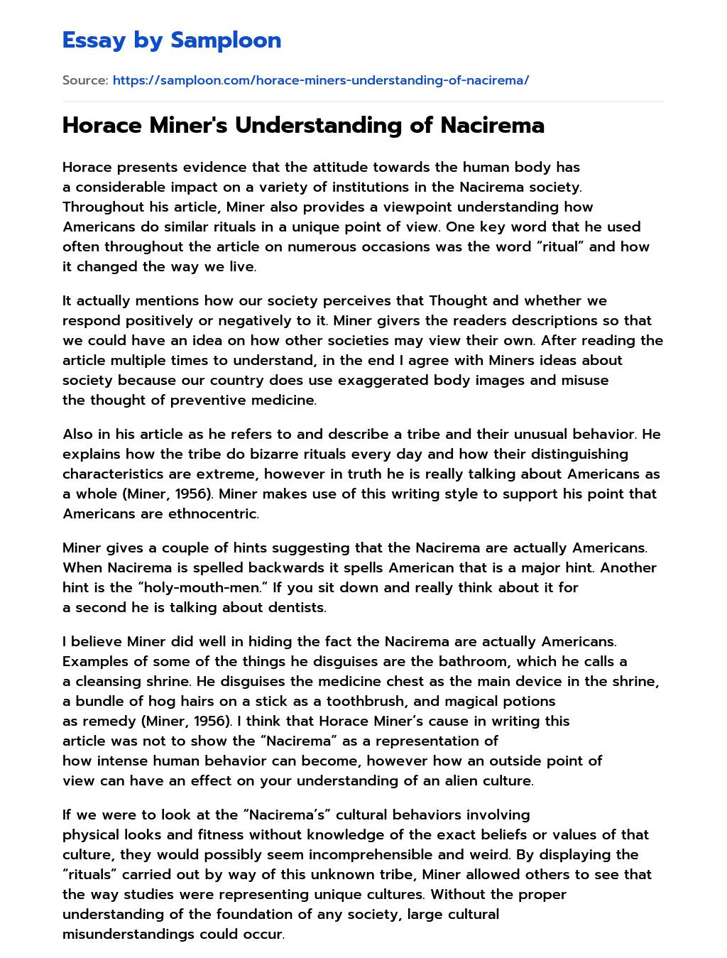 Horace Miner’s Understanding of Nacirema essay