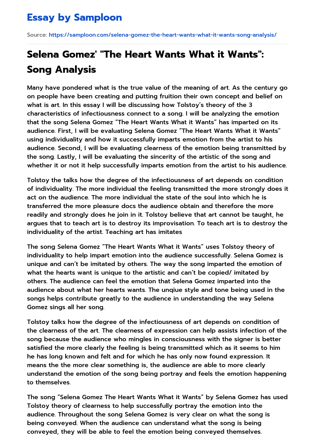Selena Gomez’ “The Heart Wants What it Wants”: Song Analysis essay