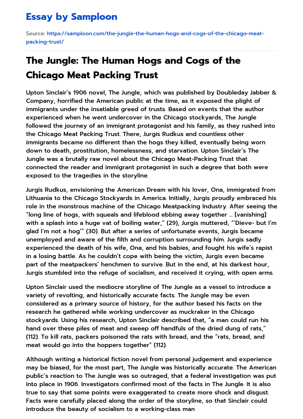 The Jungle: The Human Hogs and Cogs of the Chicago Meat Packing Trust essay