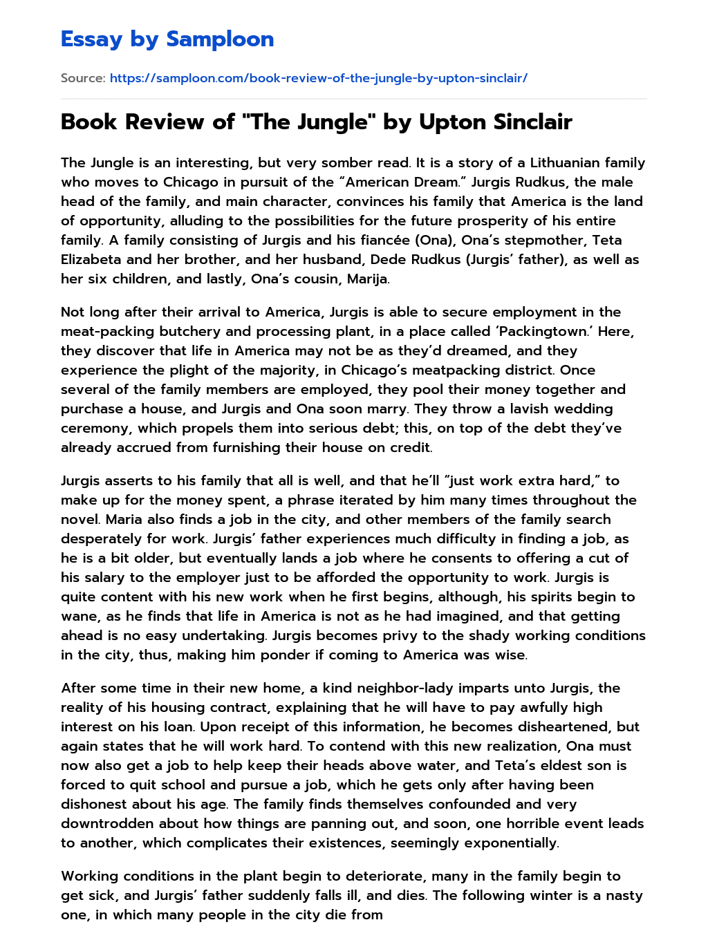 Book Review of “The Jungle” by Upton Sinclair essay