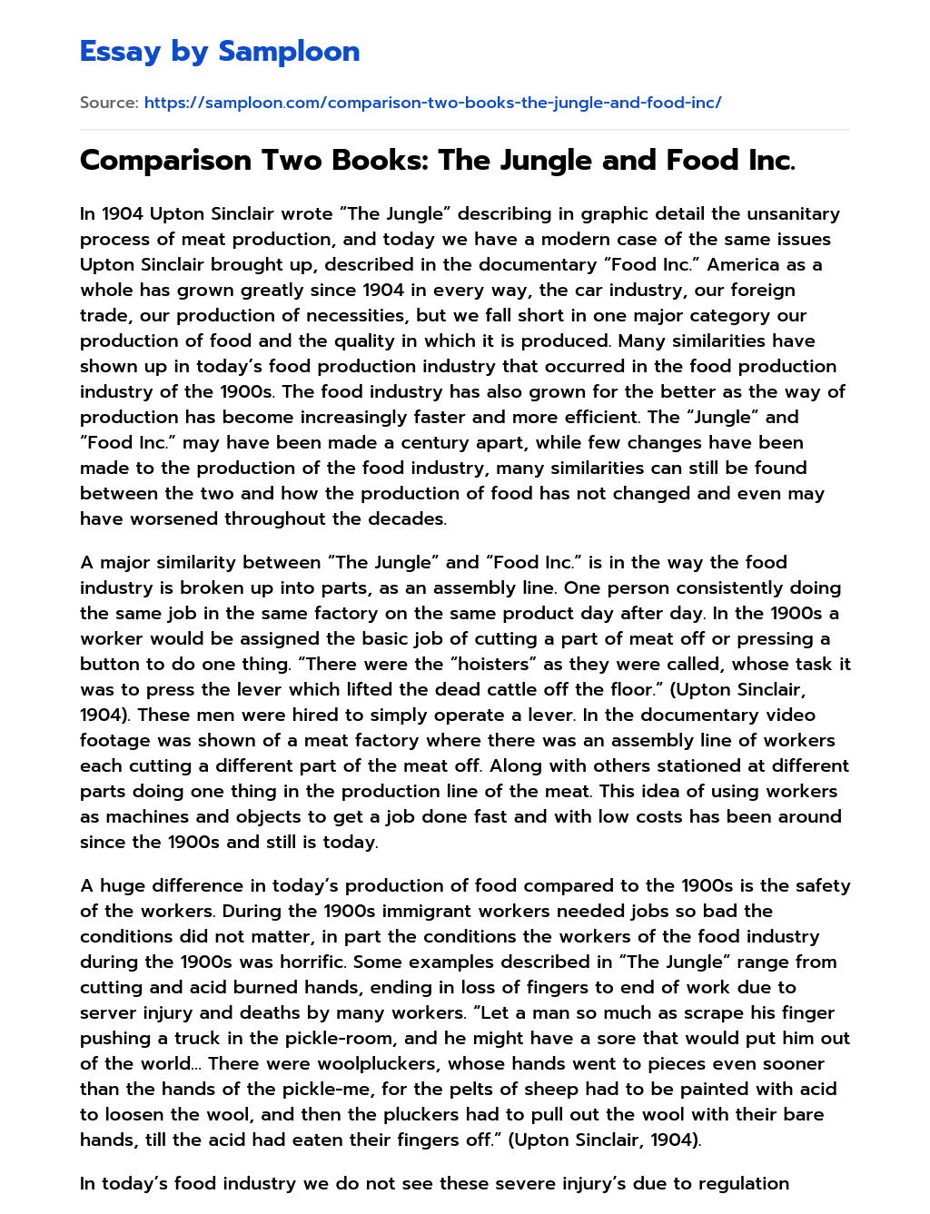Comparison Two Books: The Jungle and Food Inc. essay