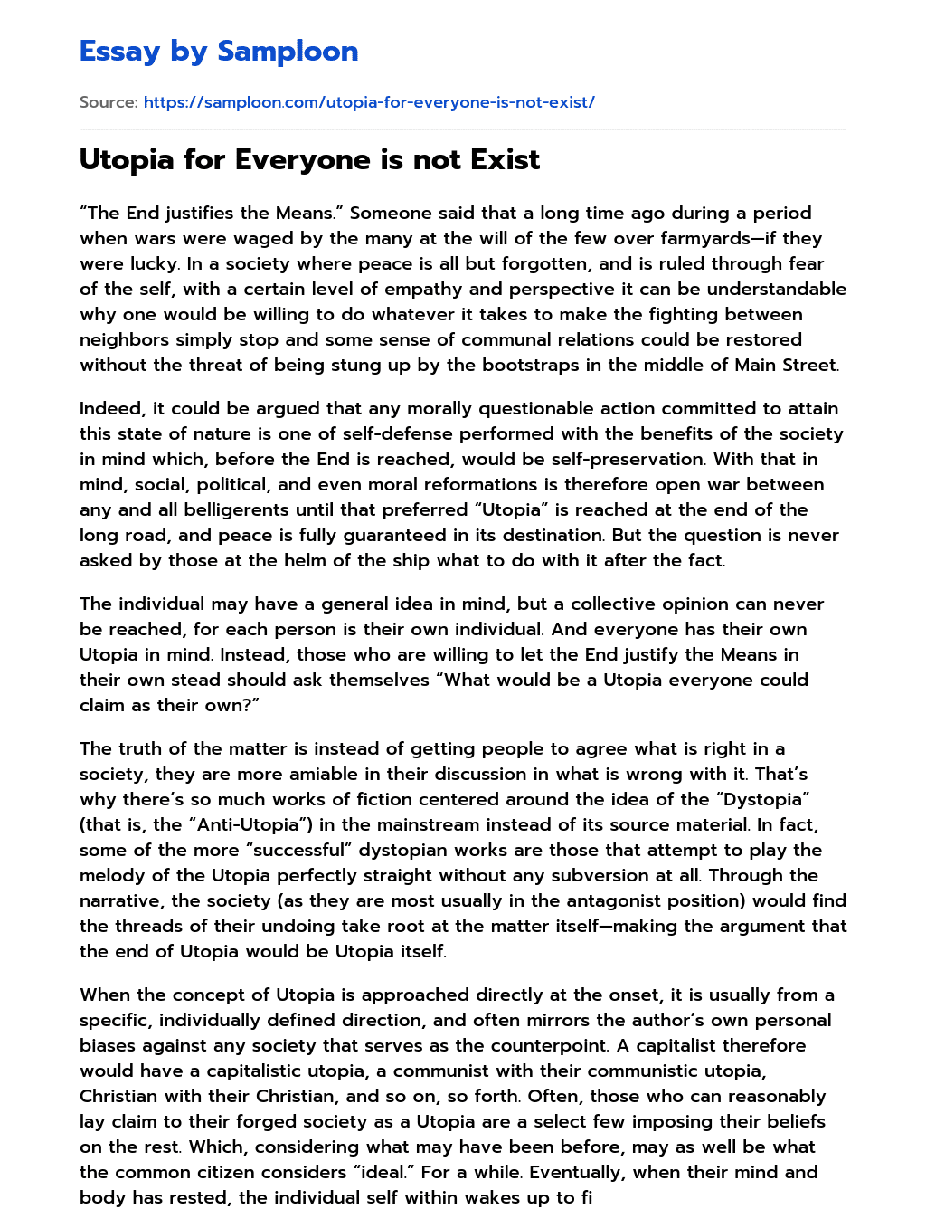 Utopia for Everyone is not Exist essay