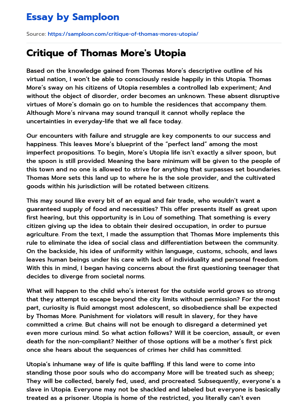 Critique of Thomas More’s Utopia essay