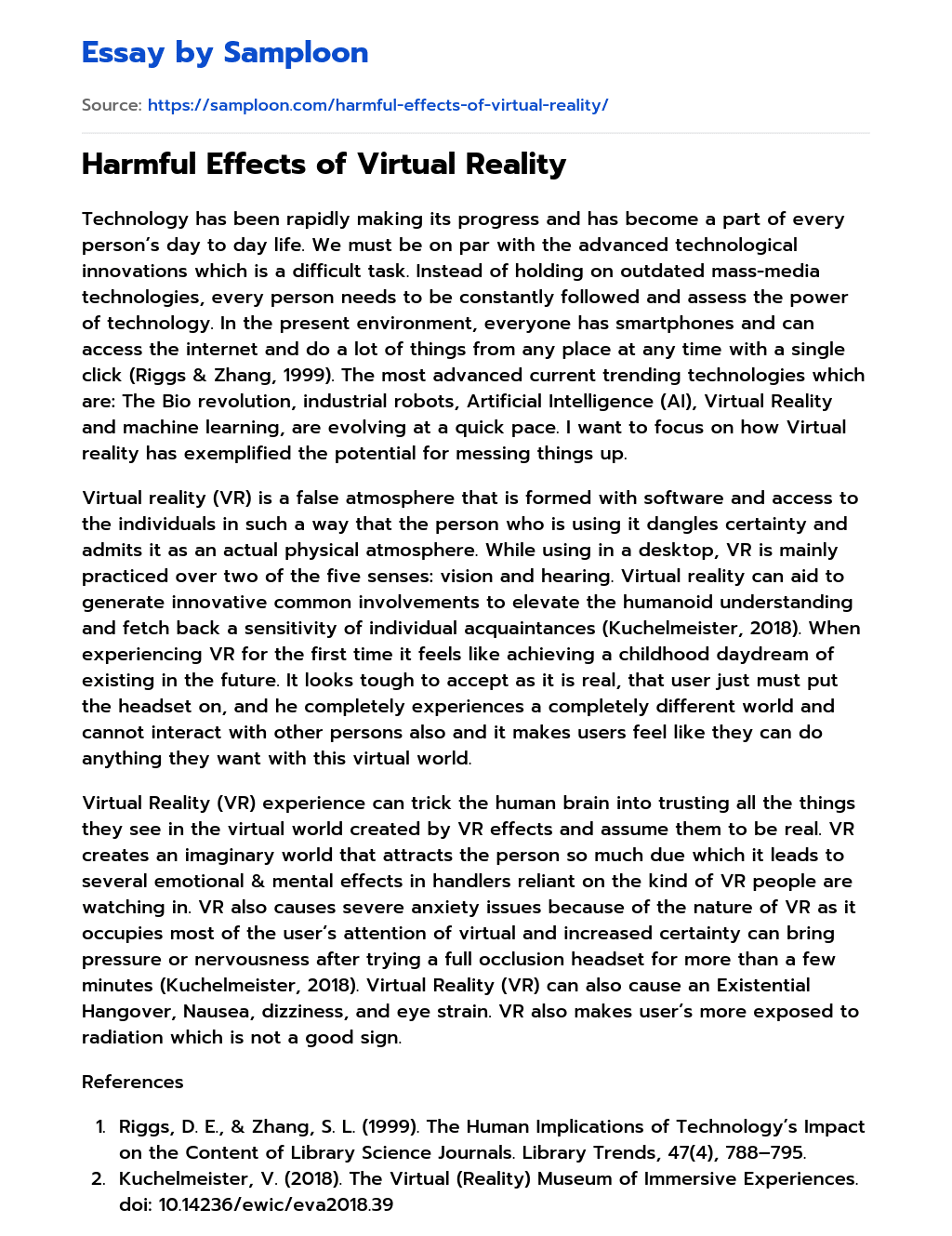 Harmful Effects of Virtual Reality essay