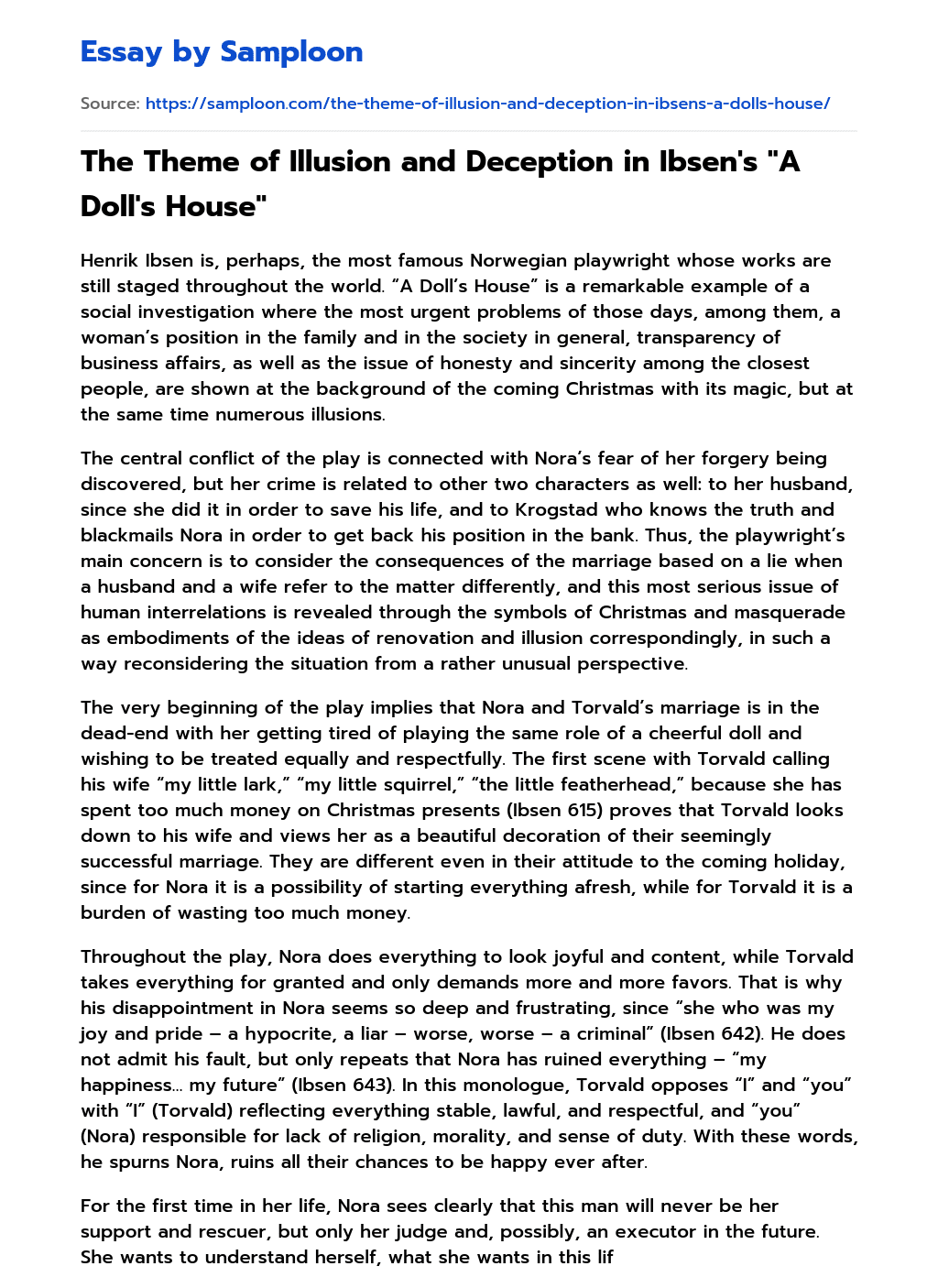 The Theme of Illusion and Deception in Ibsen’s “A Doll’s House” essay