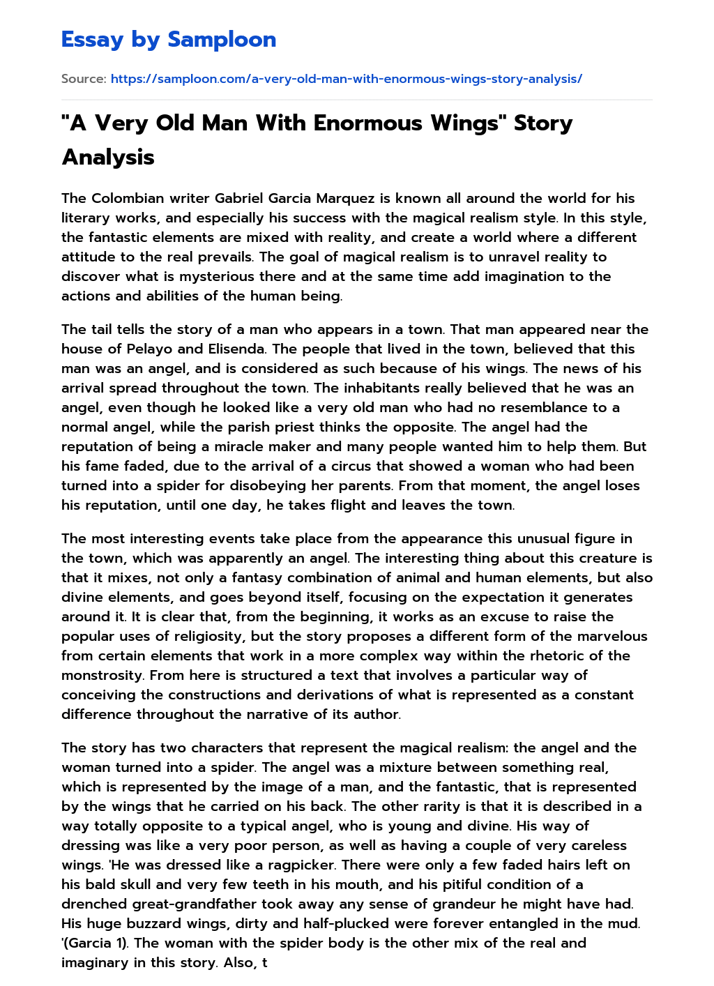 “A Very Old Man With Enormous Wings” Story Analysis essay