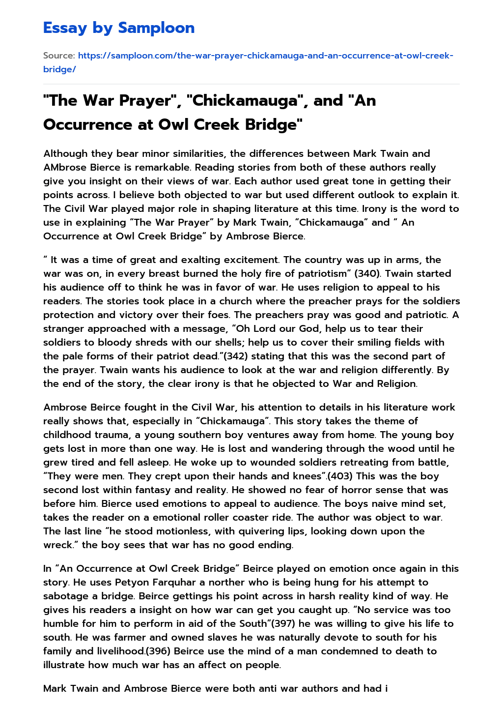 “The War Prayer”, “Chickamauga”, and “An Occurrence at Owl Creek Bridge” essay