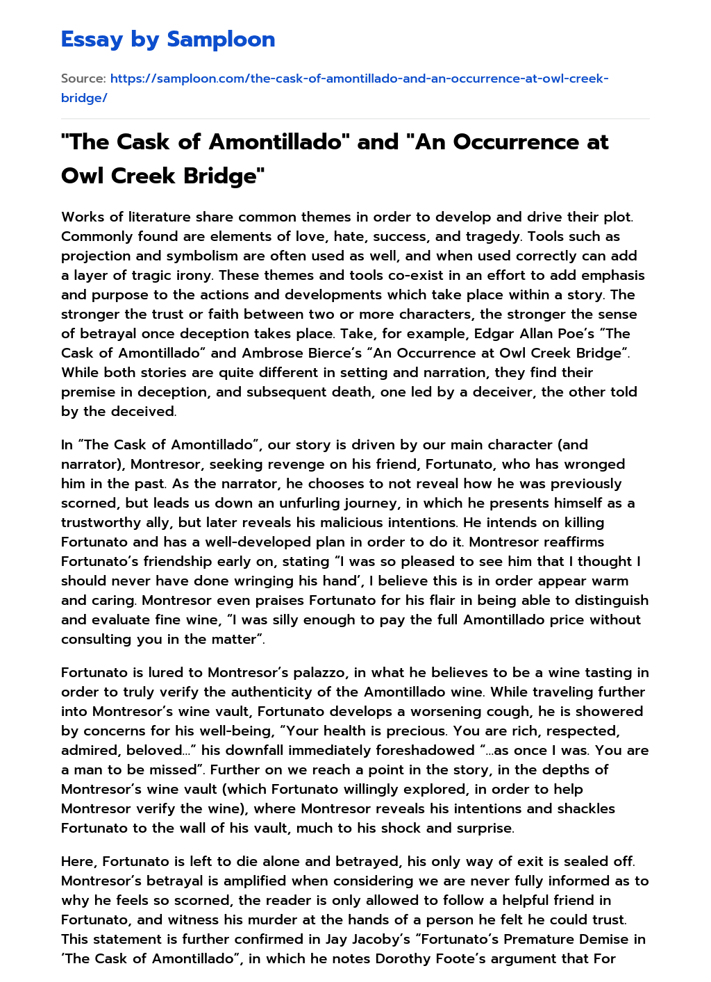 “The Cask of Amontillado” and “An Occurrence at Owl Creek Bridge” essay