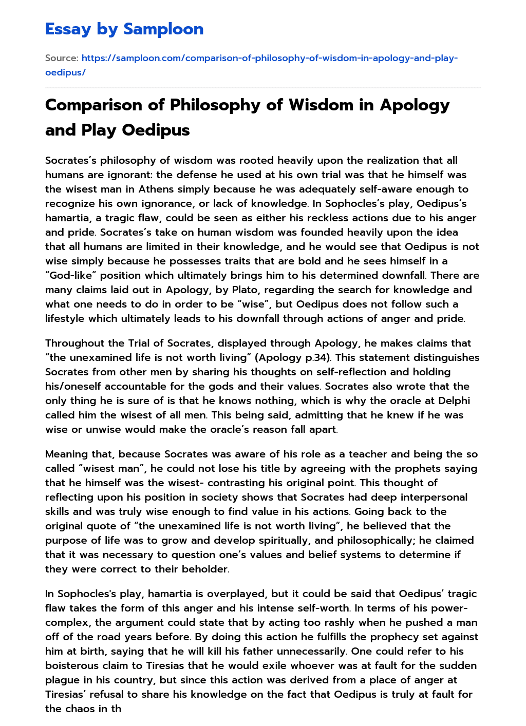 Comparison of Philosophy of Wisdom in Apology and Play Oedipus essay