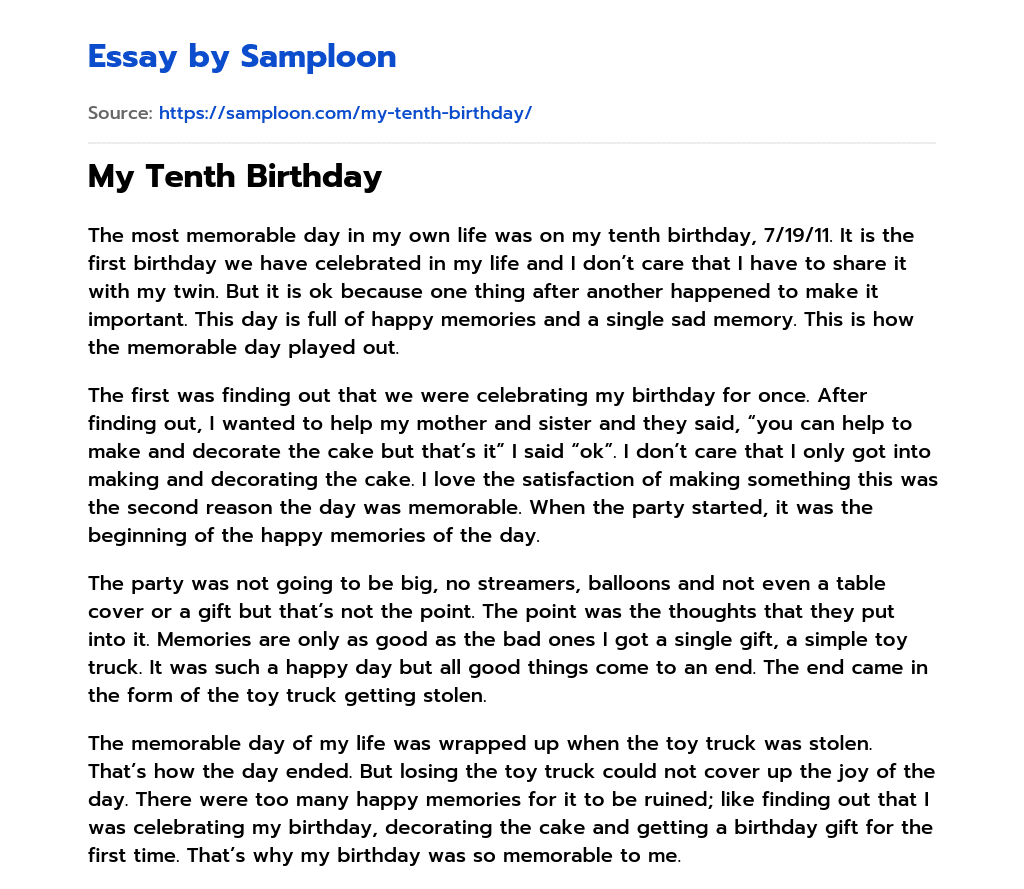 My Tenth Birthday essay