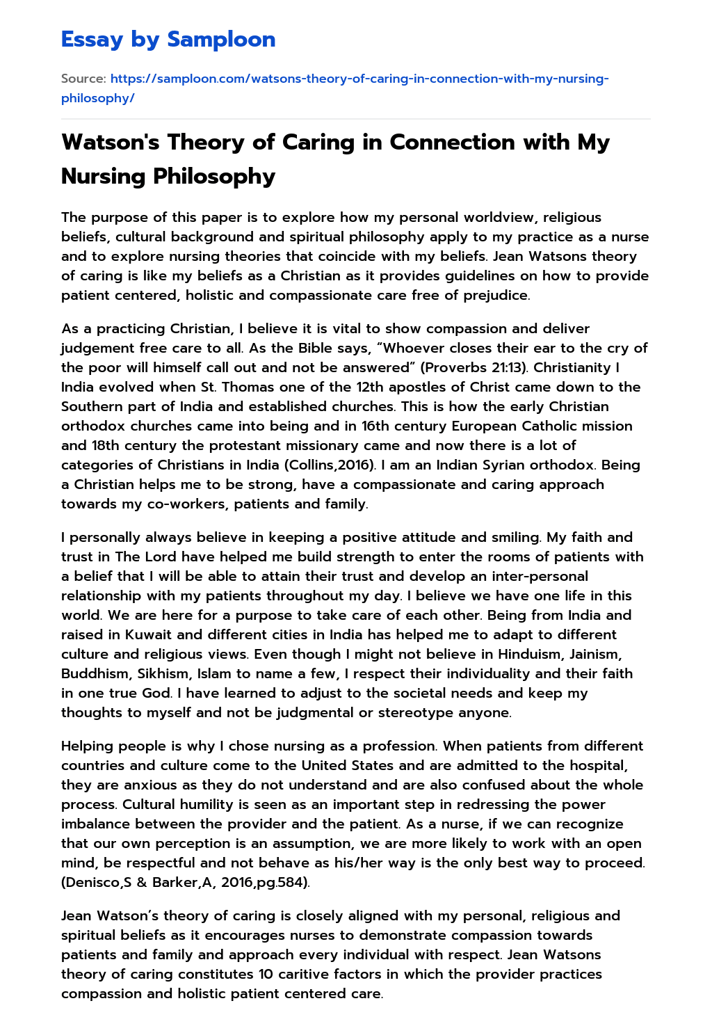 Watson’s Theory of Caring in Connection with My Nursing Philosophy essay