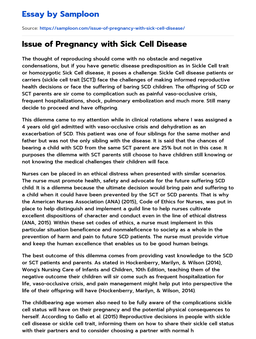 Issue of Pregnancy with Sick Cell Disease essay