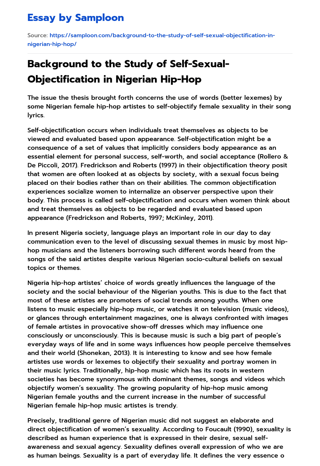 Background to the Study of Self-Sexual-Objectification in Nigerian Hip-Hop essay