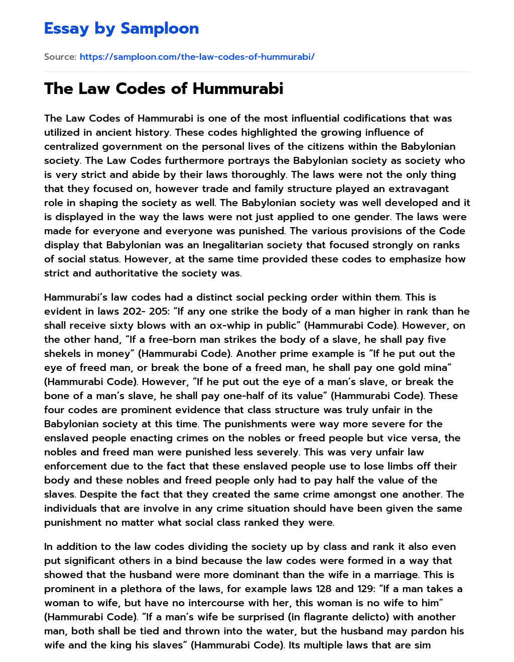 The Law Codes of Hummurabi  essay