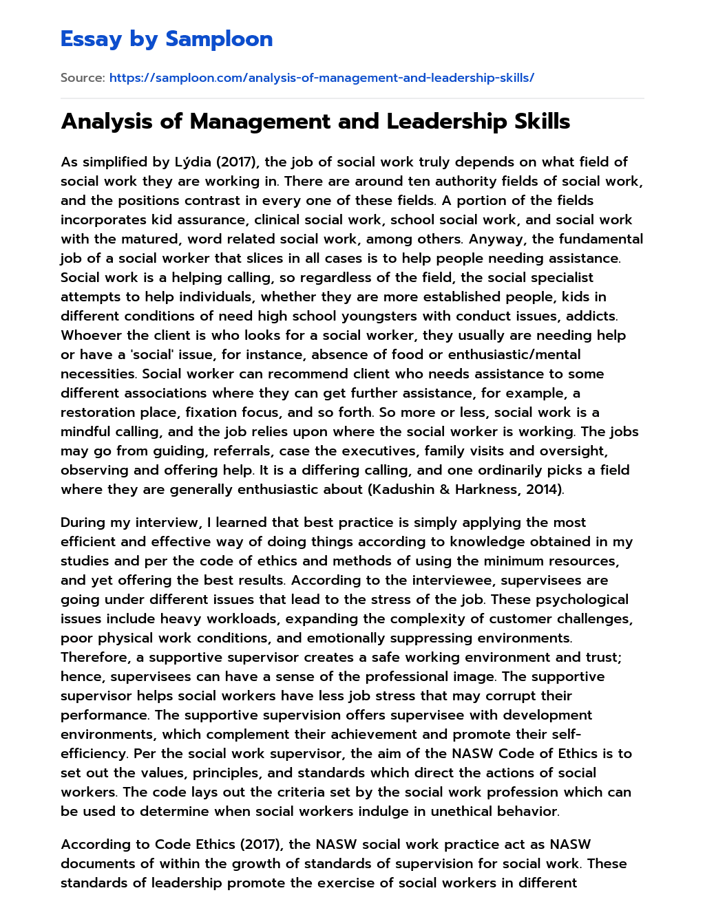 Analysis of Management and Leadership Skills essay