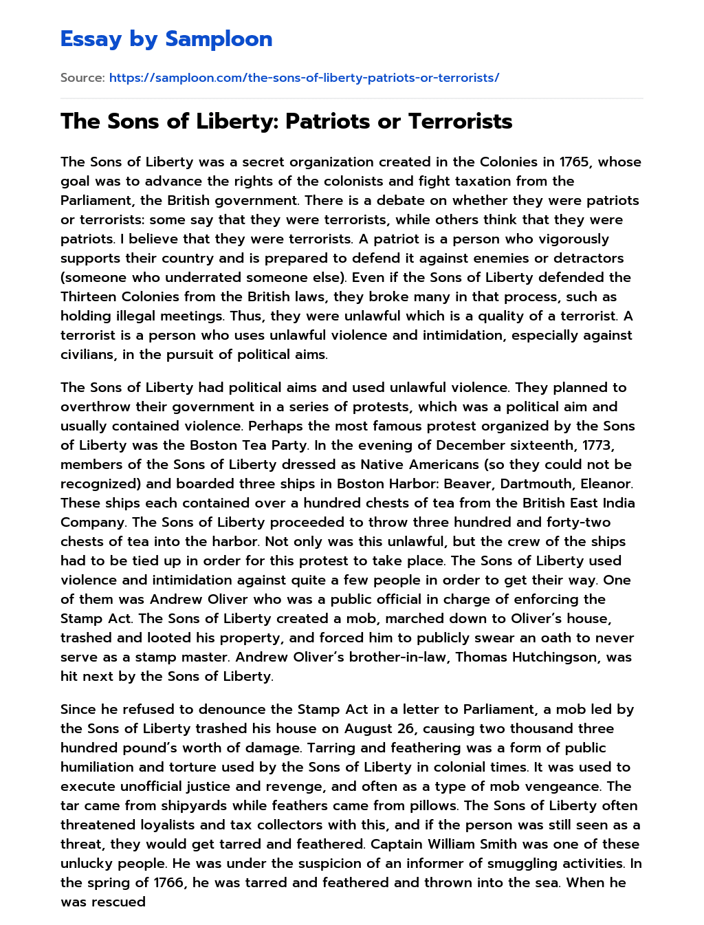 The Sons of Liberty: Patriots or Terrorists essay