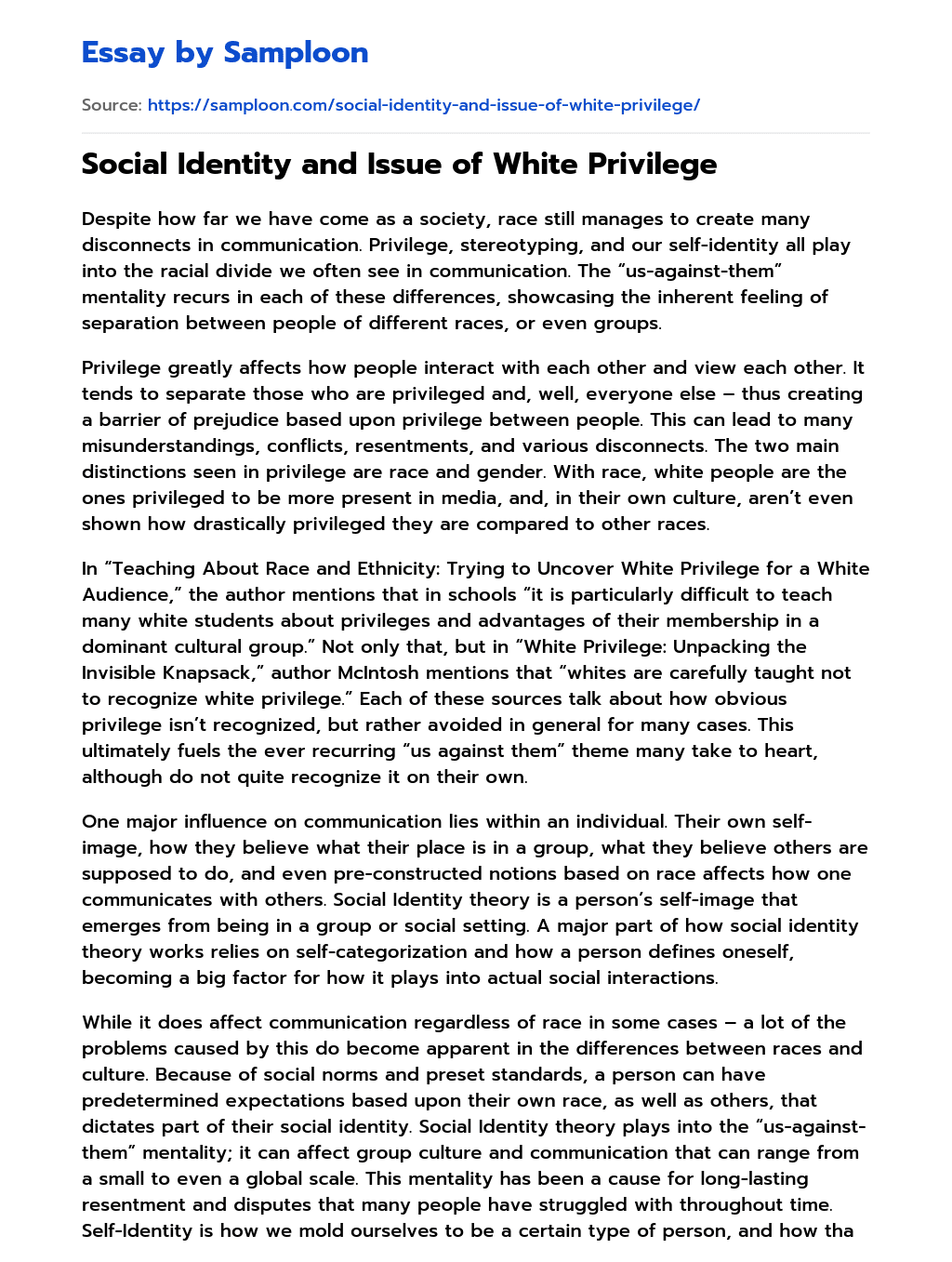 Social Identity and Issue of White Privilege essay